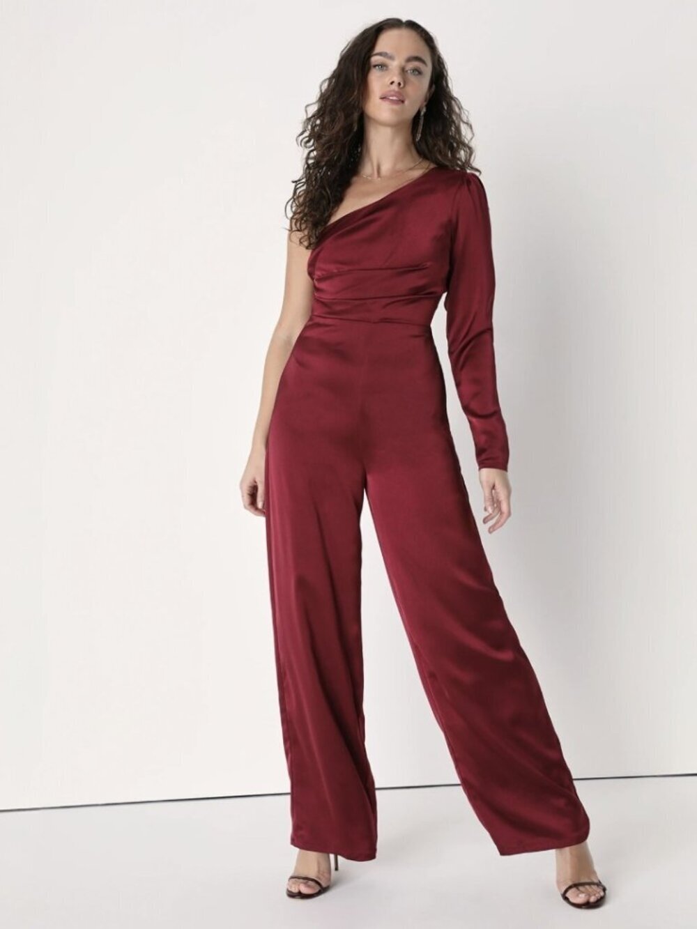 NWT Lulus Passionate About Perfection Wine Red Satin One-Shoulder Jumpsuit (S)